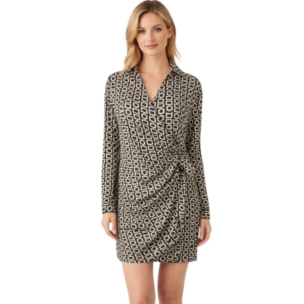 Beyond Words Black Beige Geometric Wrap‎ Shirt Dress Size Medium Retro Mod Style